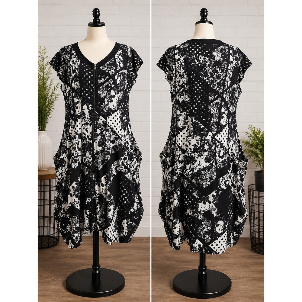 City Chic Womens XS Black White Floral Polka Dot Zip Front Pocket Dress CC10131